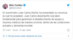 Tweet from President Nito Cortizo on Resignation of Viceminister